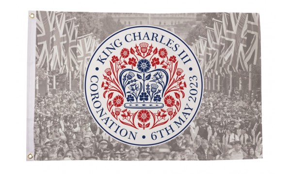 King Charles III Coronation Logo (Crowd Background) Flag